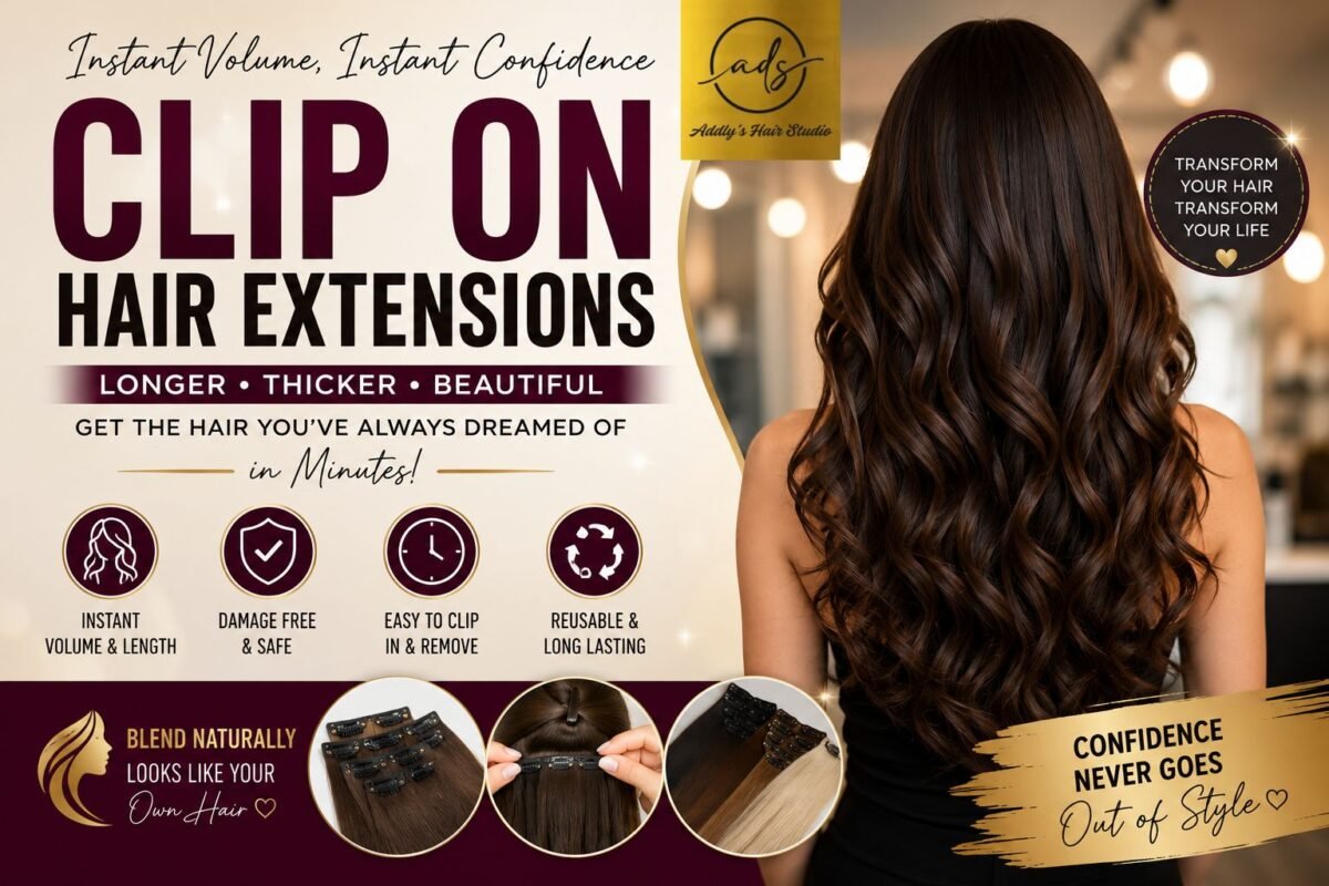Beautiful woman with long voluminous clip-on hair extensions showcasing instant length and natural hair transformation in a luxury salon style banner.