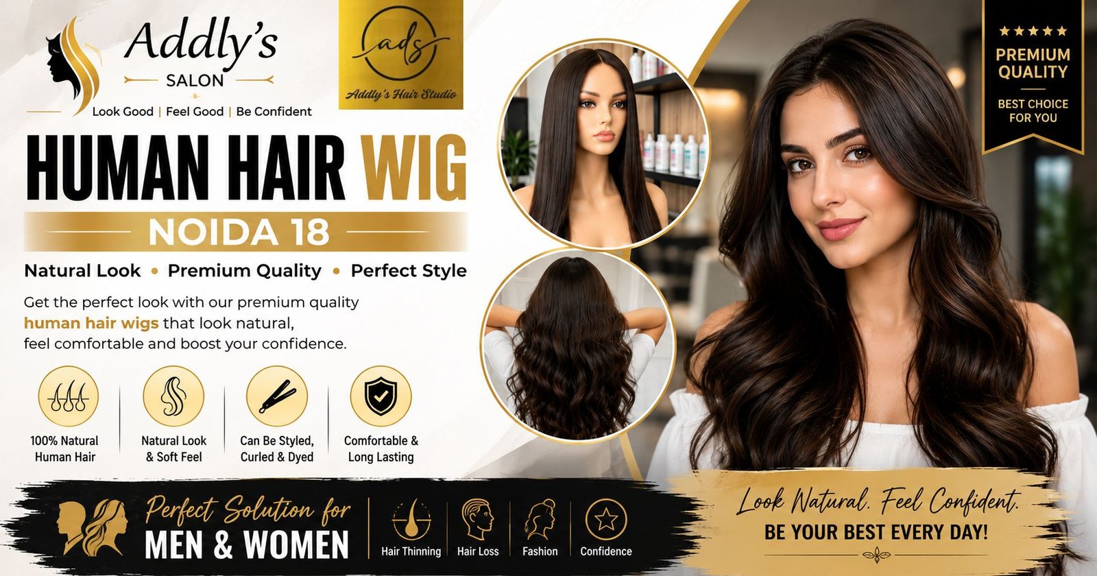 Person wearing a natural-looking human hair wig at a professional salon in Noida