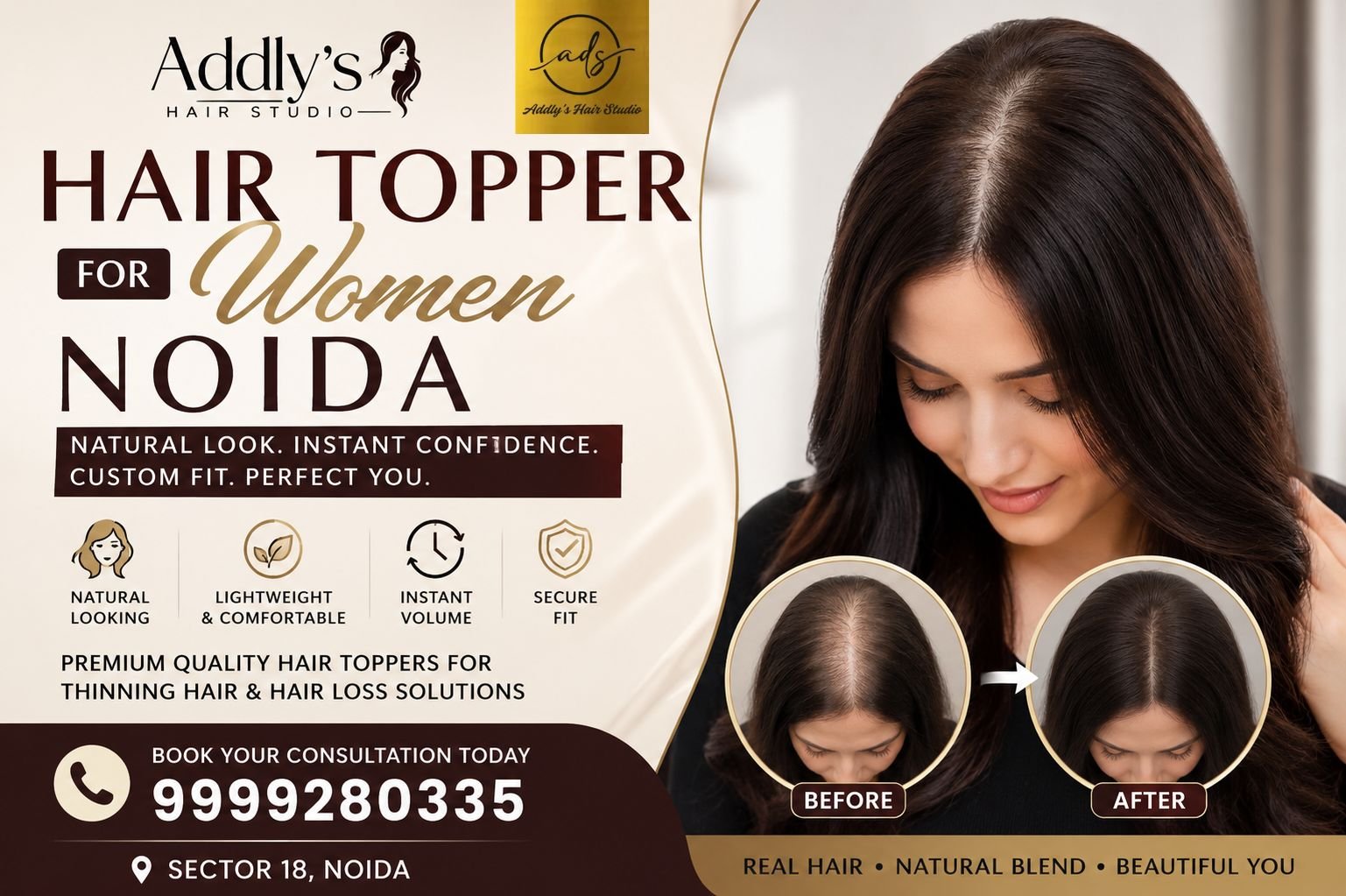 Hair Topper for Women in Noida showcased by Addly’s Hair Studio with a woman holding a premium human hair topper for natural hair volume and coverage.