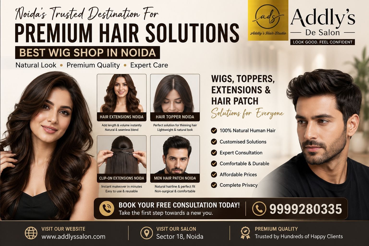 Best Wig Shop in Noida offering premium wigs, hair toppers, hair extensions, clip-on extensions, and non-surgical hair patch solutions at Addly's De Salon.