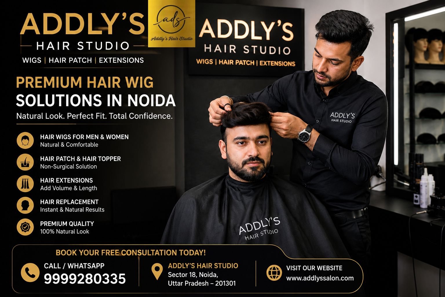 Premium men's hair wig with natural hairline and realistic appearance at Addly’s Hair Studio Noida, showcasing high-quality hair replacement solution for baldness and hair thinning.