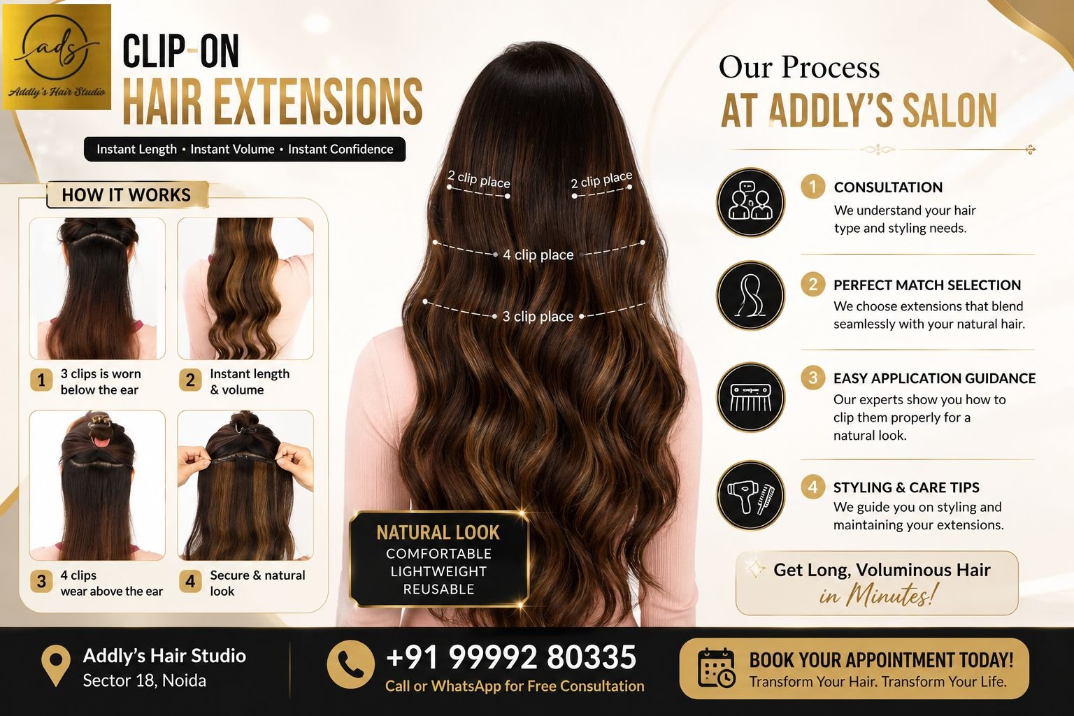 Professional clip-on hair extensions application guide showcasing step-by-step placement process, natural hair blending, and premium hair extension services at Addly’s Hair Studio Noida.