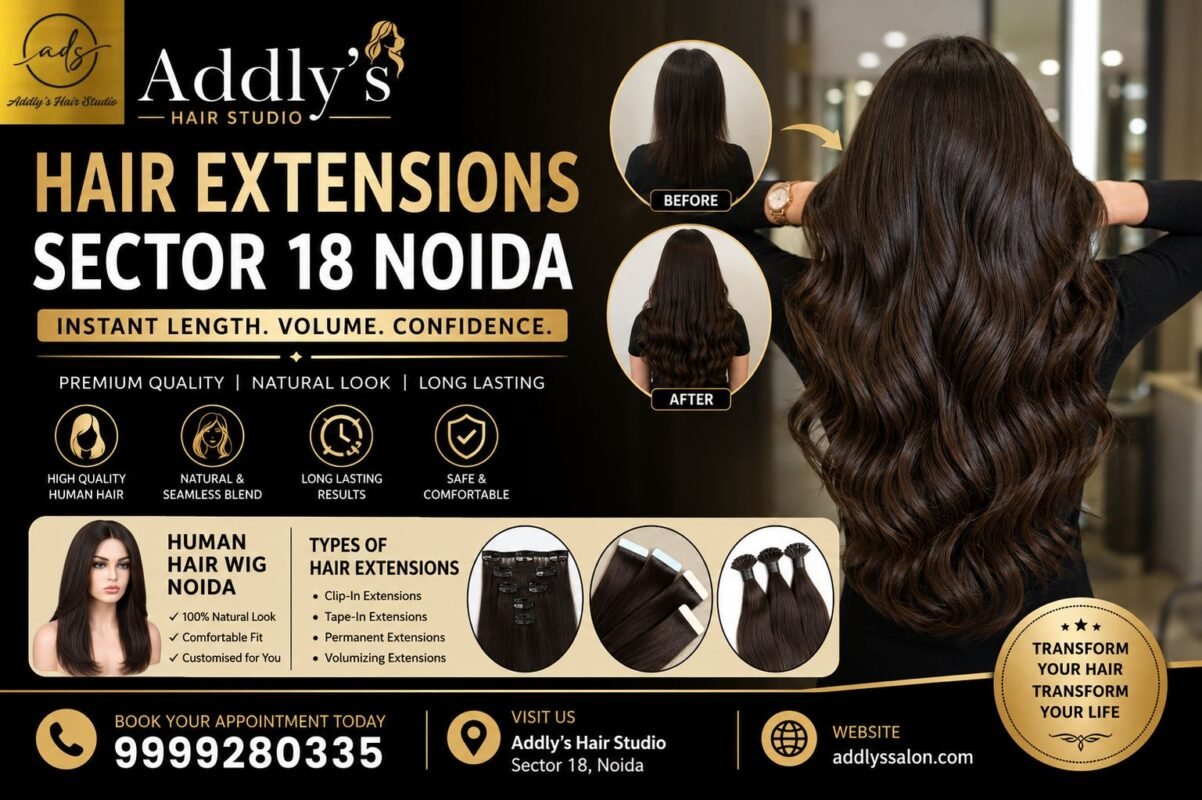 Professional hair stylist applying premium hair extensions to a client at Addly’s Hair Studio in Noida, showcasing a natural and seamless hair extension installation process.