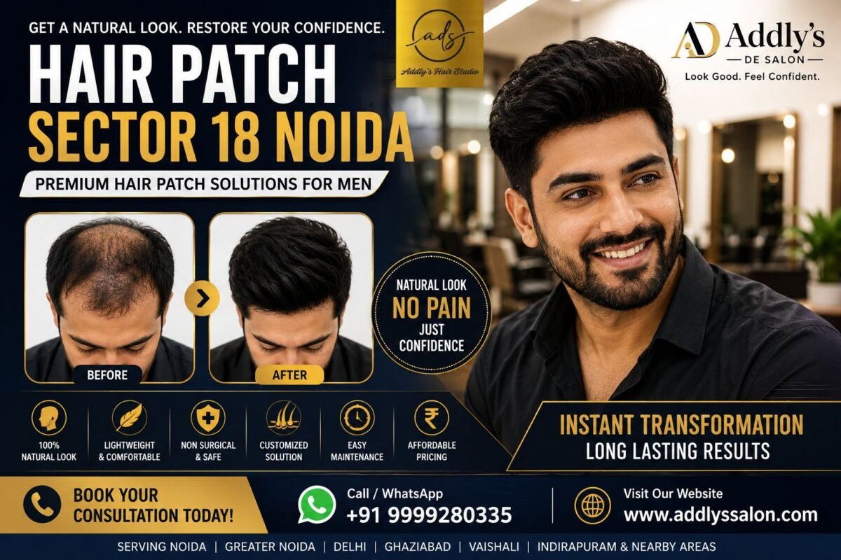 Professional hairstylist applying a women's hair patch at Addly's De Salon in Noida for a natural, non-surgical hair replacement solution.