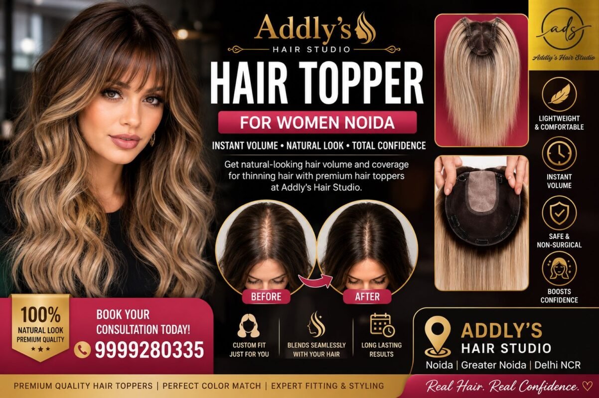 Premium Hair Topper for Women Noida showcasing a natural-looking blonde human hair topper, before-and-after hair transformation, and customized hair volume solution at Addly's Hair Studio.