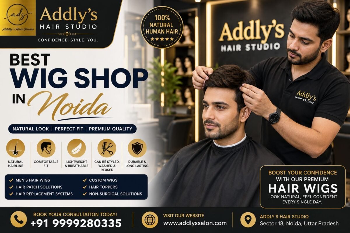 Best Wig Shop in Noida - Professional men's human hair wig fitting at Addly's Hair Studio in Sector 18, Noida with a natural-looking hair replacement solution.