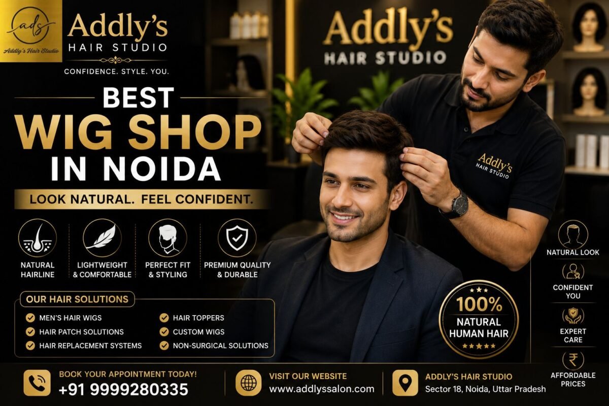 Best Wig Shop in Noida - Professional men's human hair wig fitting at Addly's Hair Studio in Sector 18, Noida with a natural-looking hair replacement solution.