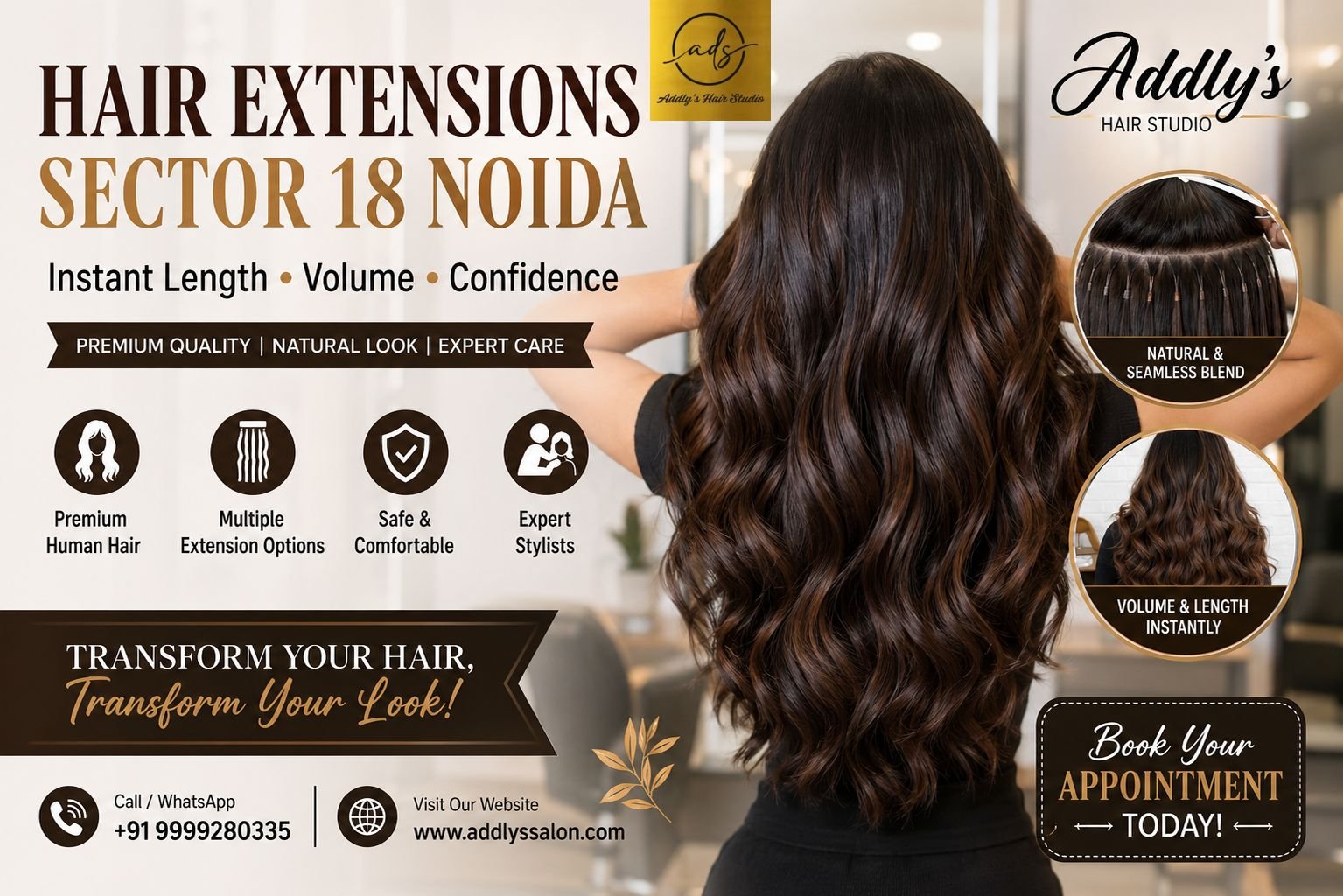 Professional hair extension consultation at Addly's Hair Studio in Sector 18 Noida, showcasing premium human hair extensions for instant length, volume, and a natural-looking transformation.
