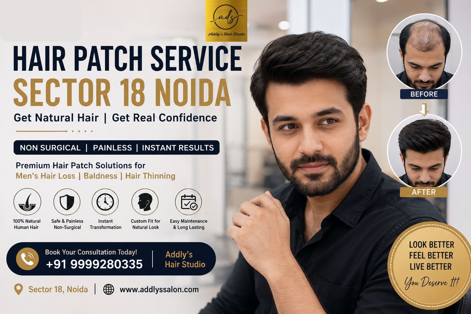 Hair Patch Service Sector 18 Noida – Expert stylist providing a natural-looking non-surgical hair patch solution at Addly's Hair Studio.