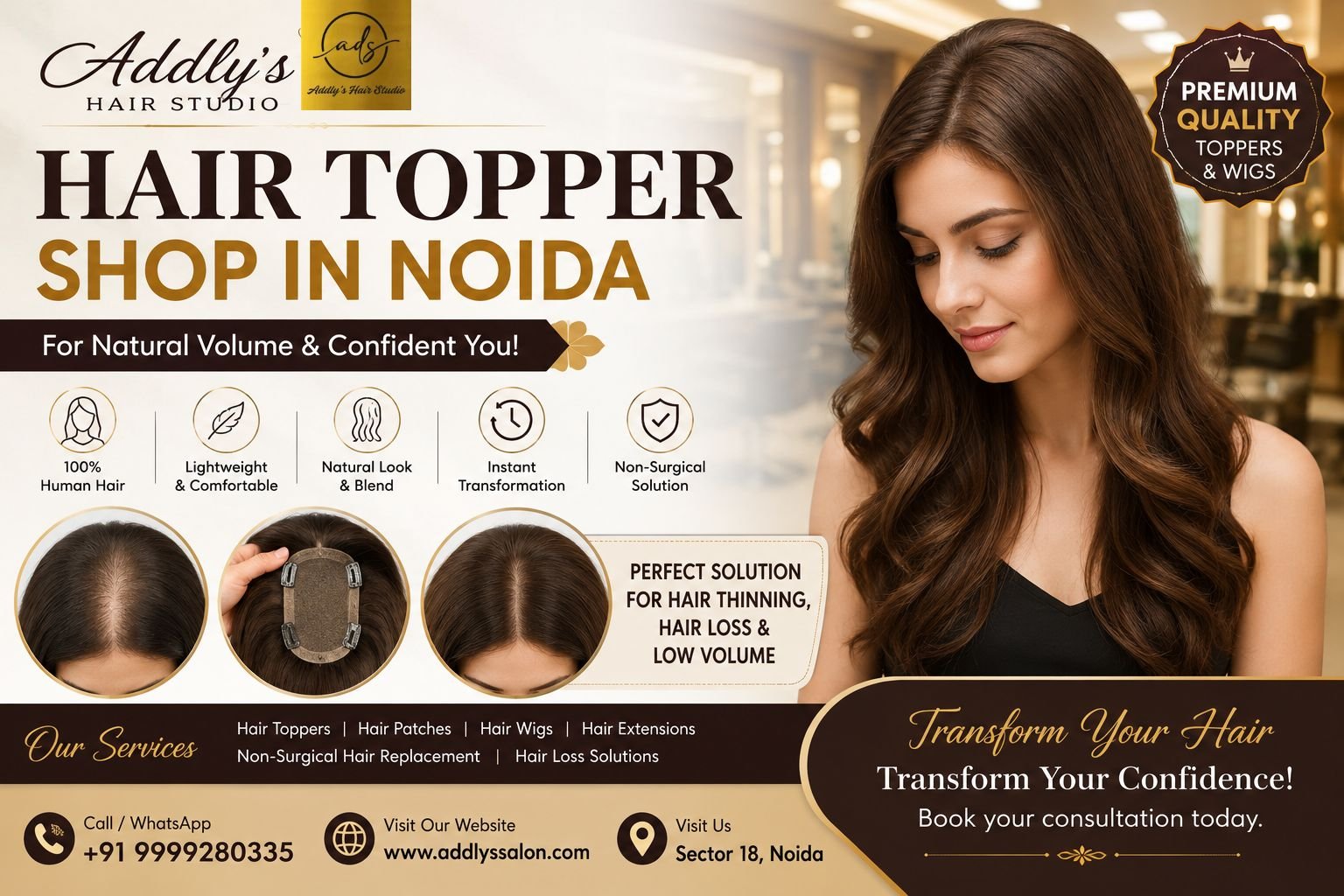 Hair Topper Shop in Noida by Addly's Hair Studio offering premium human hair toppers for natural hair volume and hair loss solutions.
