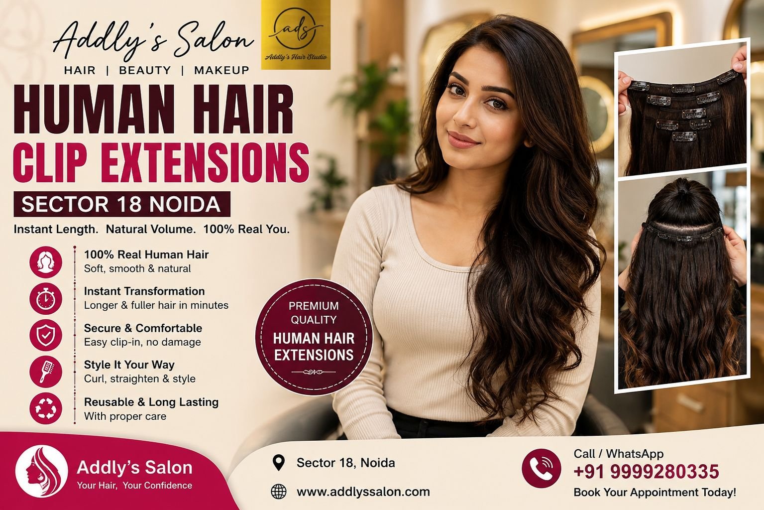 Human Hair Clip Extensions Sector 18 Noida – Professional clip-in hair extensions at Addly's Salon for instant natural volume and length.
