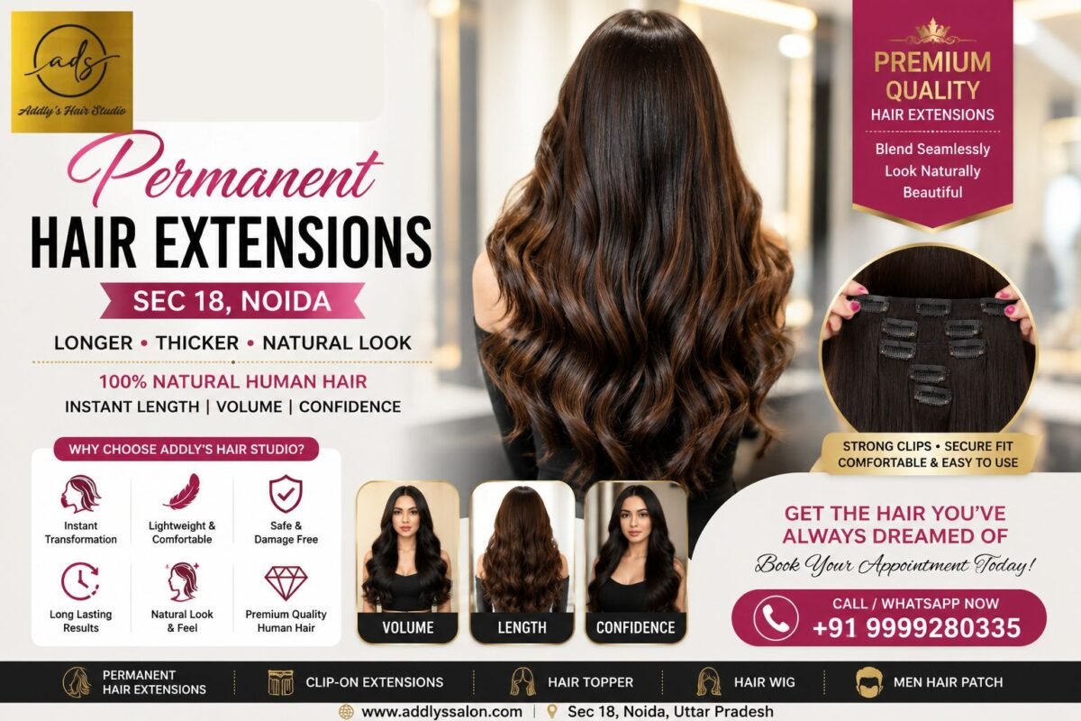 Permanent Hair Extensions Sec 18 at Addly's Hair Studio offering premium human hair extensions for natural-looking length and volume in Noida.