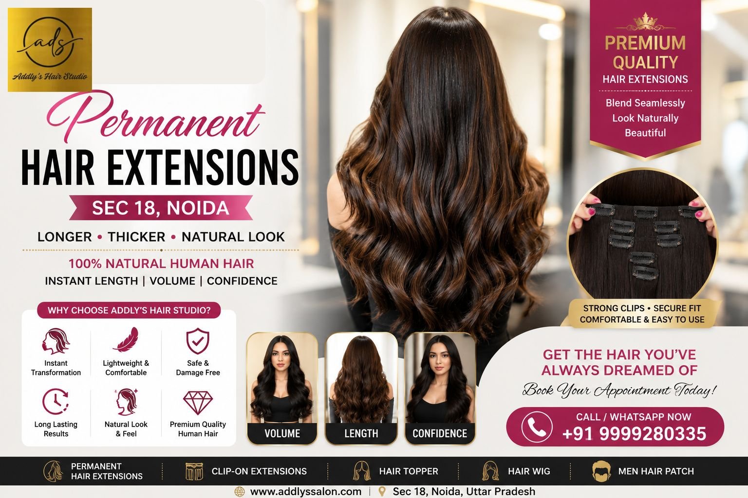 Permanent Hair Extensions Sec 18 at Addly's Hair Studio offering premium human hair extensions for natural-looking length and volume in Noida.