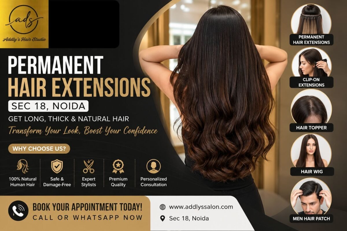 Permanent Hair Extensions Sec 18 at Addly's Hair Studio offering premium human hair extensions for natural-looking length and volume in Noida.