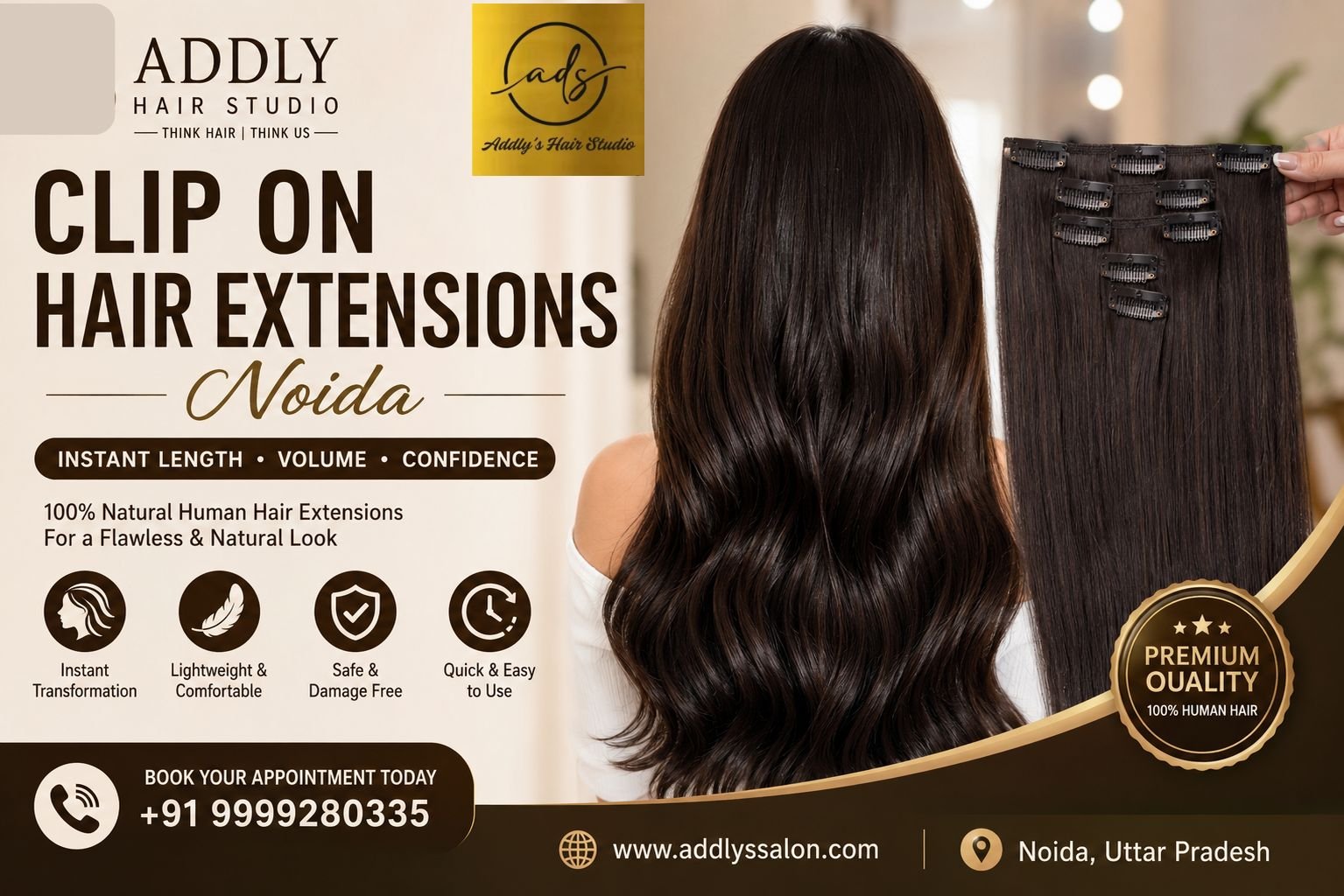 Clip On Hair Extensions service in Noida at Addly Hair Studio with a stylist professionally applying natural human hair clip-on extensions for instant hair length and volume.