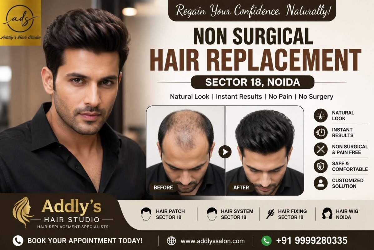 Non Surgical Hair Replacement Sector 18 at Addly's Hair Studio featuring natural human hair patch before and after transformation in Noida.