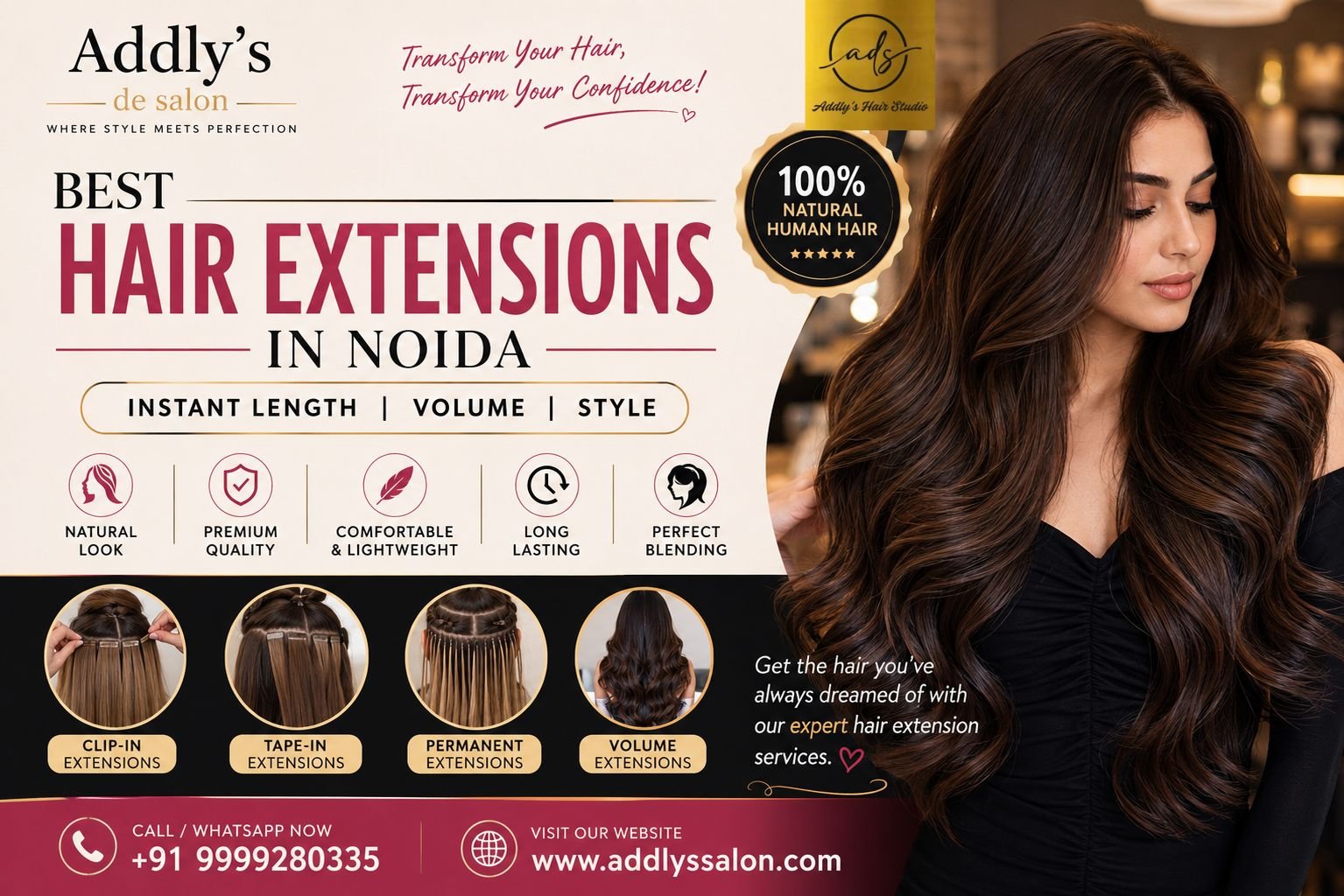 Best Hair Extensions in Noida before and after hair transformation with 100% human hair extensions at Addly's De Salon