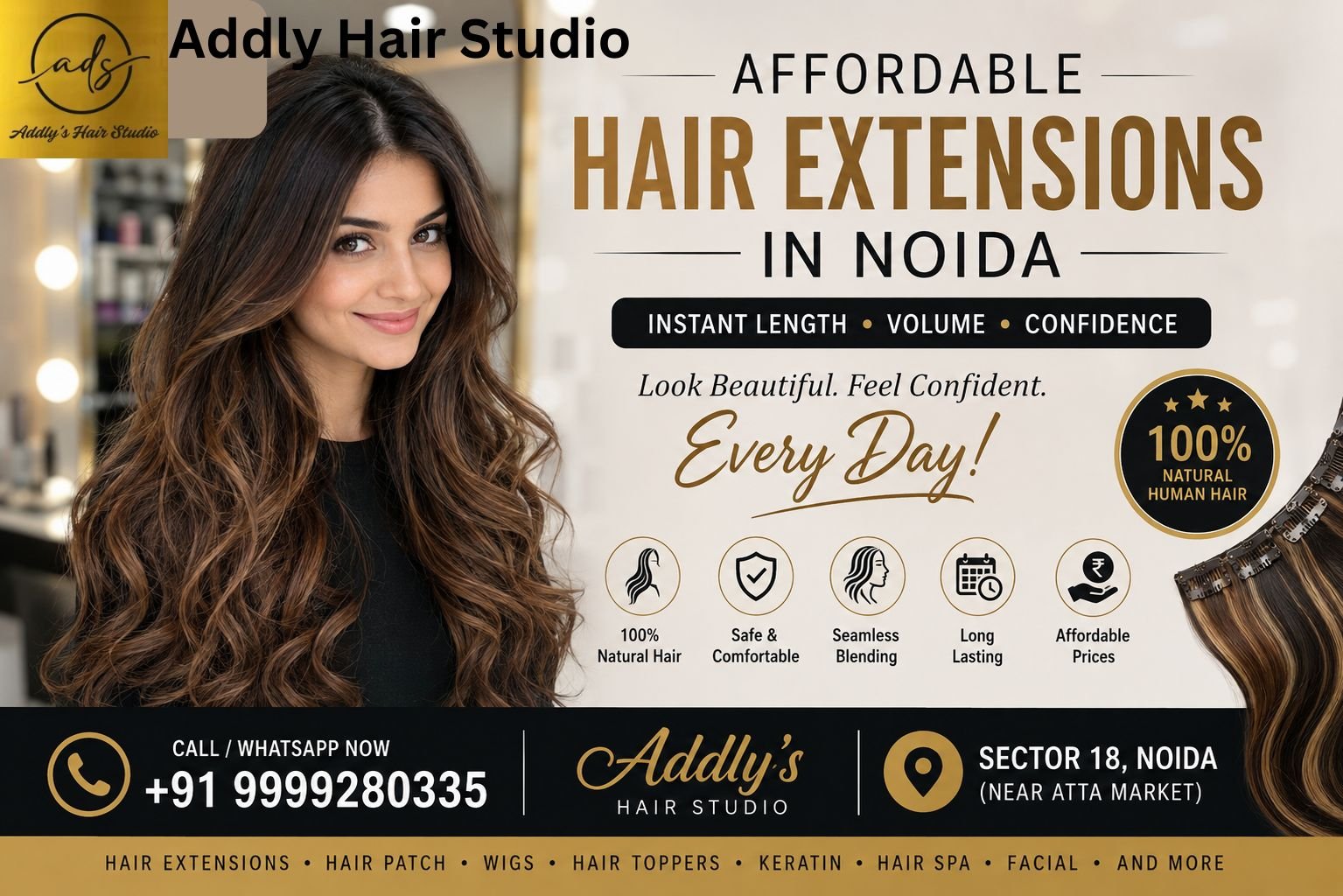 Affordable Hair Extensions in Noida at Addly's Hair Studio with premium human hair extensions for natural length and volume.