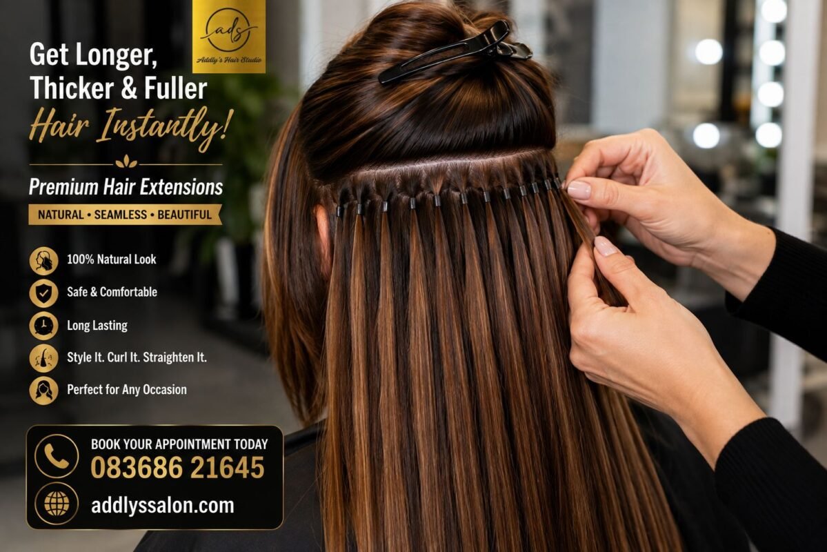 Professional hair extension service in Noida featuring natural-looking, long and voluminous hair at Addly’s Hair Studio.