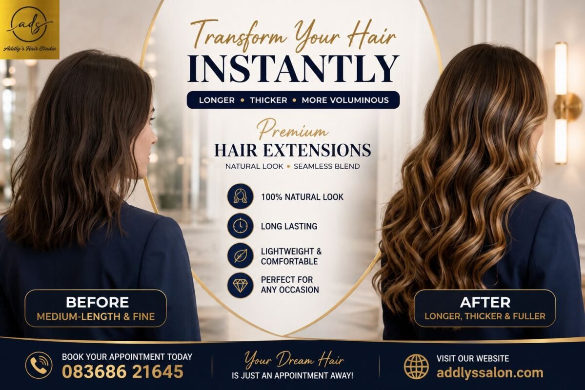 Professional hair extension service in Noida featuring natural-looking, long and voluminous hair at Addly’s Hair Studio.
