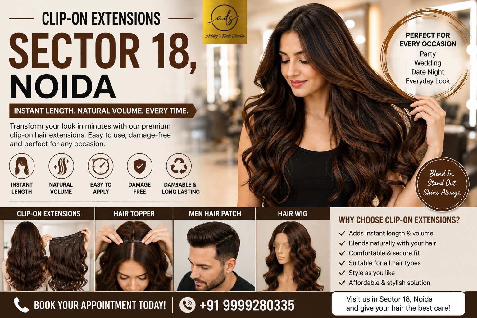 Clip-on hair extensions before and after transformation for instant length and volume