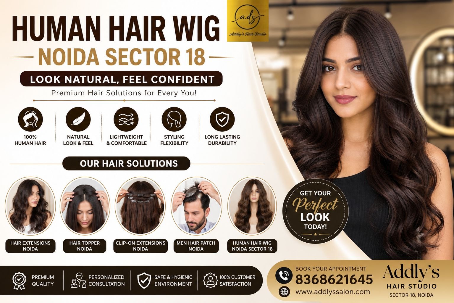 Human Hair Wig Noida Sector 18 with natural-looking long wavy hair at Addly’s Hair Studio
