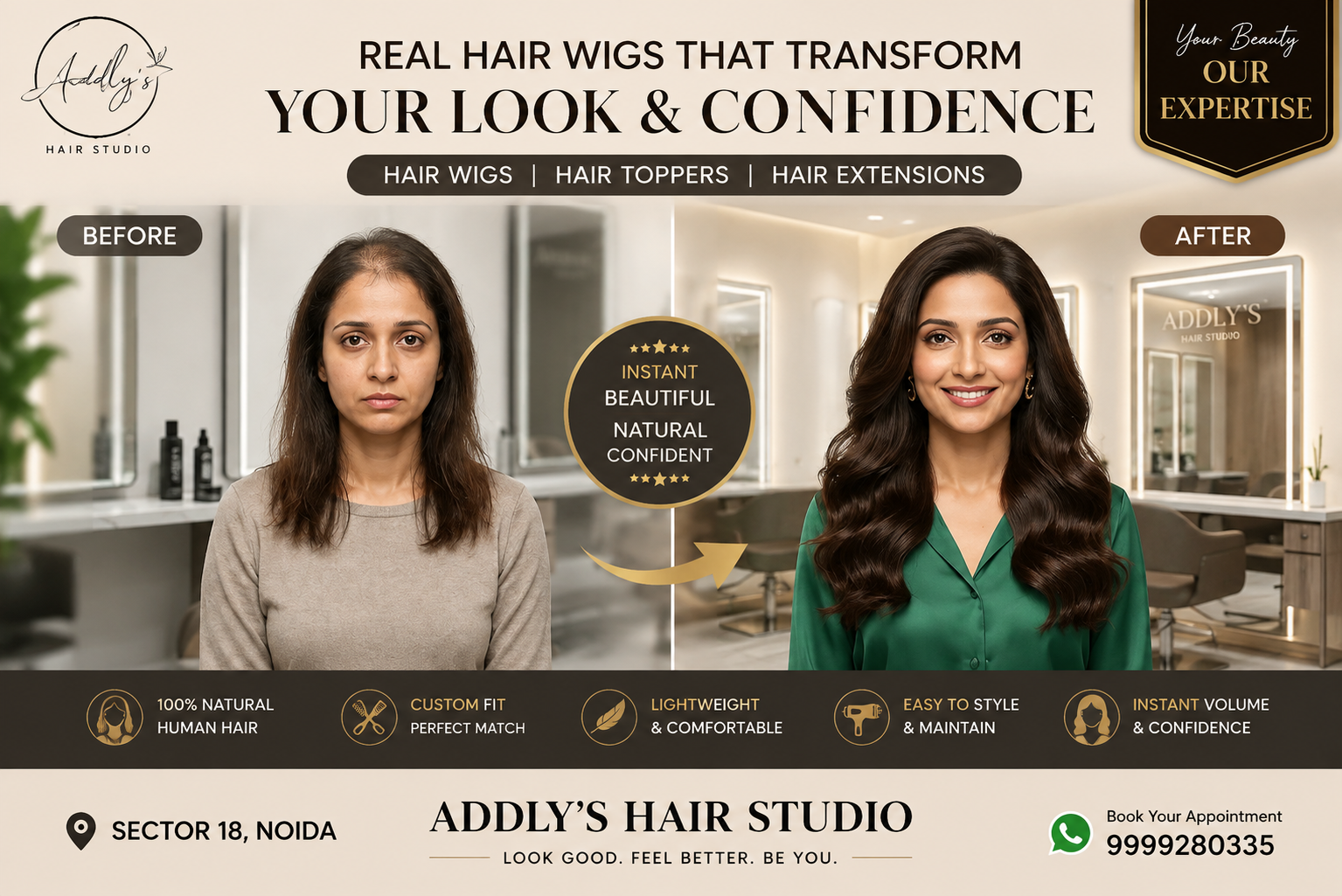 Premium human hair wigs in different colors and styles at Addly’s Hair Studio in Sector 18 Noida