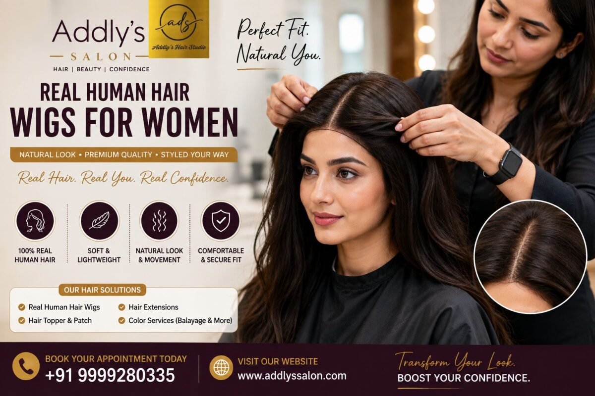 Natural-looking real human hair wig for women at Addly’s Salon