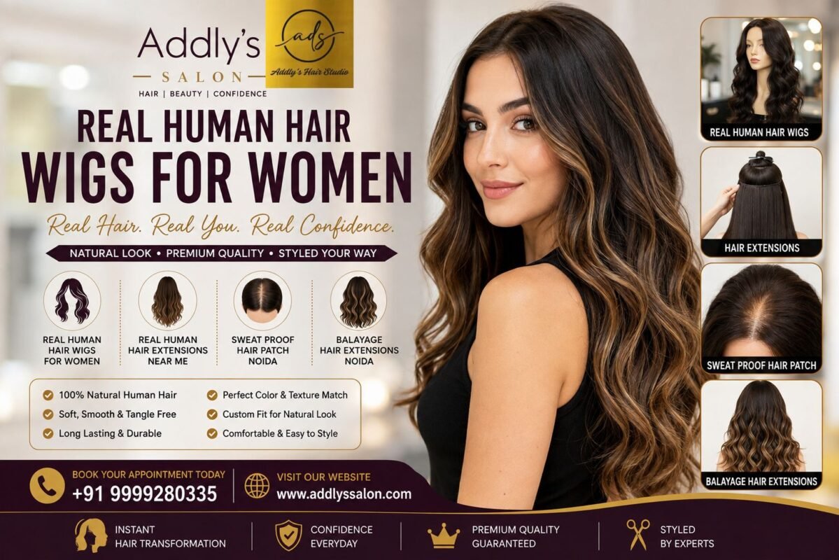 Real human hair wigs for women with natural-looking long wavy hair at Addly’s Salon