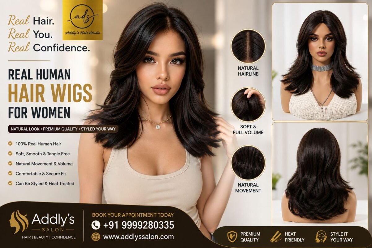 Natural-looking real human hair wig for women at Addly’s Salon