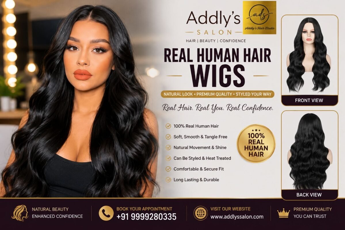 Natural-looking real human hair wig for women at Addly’s Salon