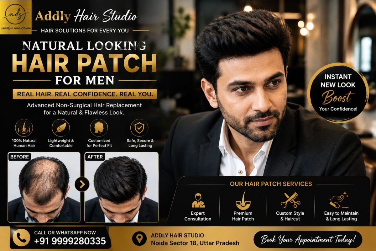 Natural Looking Hair Patch for Men before and after transformation using a premium non-surgical human hair patch at Addly Hair Studio Noida