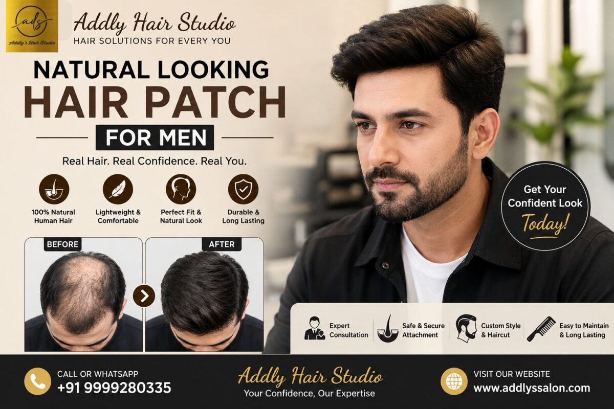 Natural Looking Hair Patch for Men before and after transformation at Addly Hair Studio using a premium non-surgical human hair patch for a natural appearance.