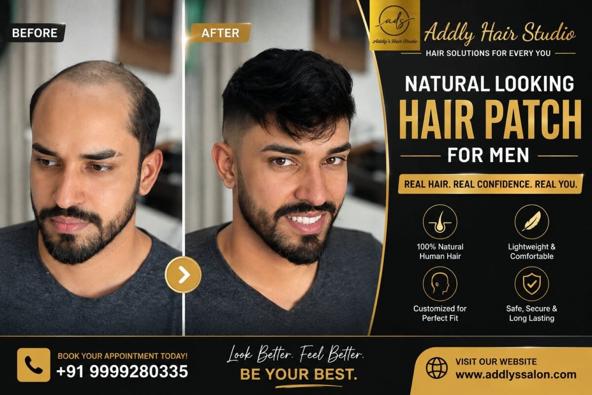 Natural Looking Hair Patch for Men before and after transformation using a premium non-surgical human hair patch at Addly Hair Studio Noida
