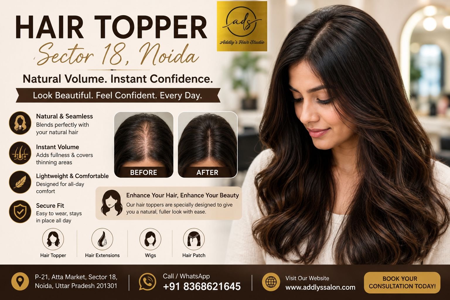 Hair topper before and after transformation for natural volume and crown coverage in Sector 18 Noida